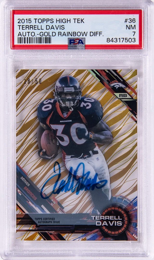 2015 Topps Terrell Davis High Tek Autograph Gold Rainbow Diffractor #36 card image