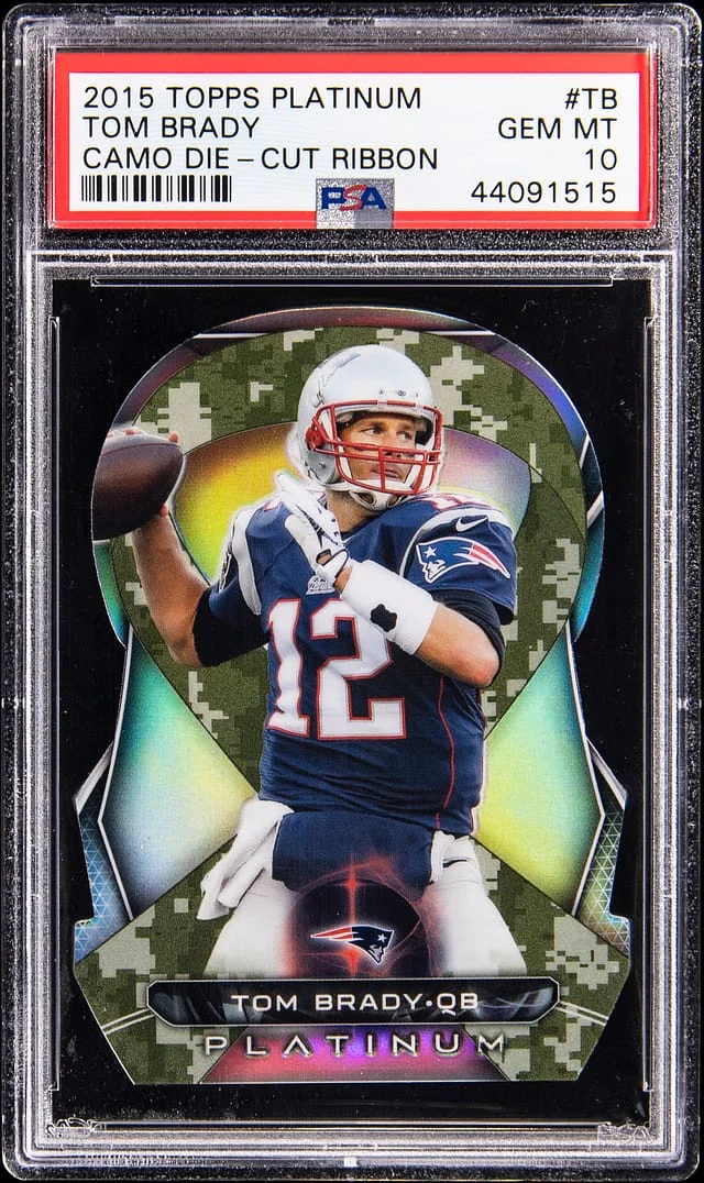2015 Topps Tom Brady Platinum Camo Die-Cut Ribbon #BSDR-TB card image