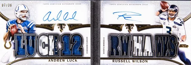 2015 Topps Triple Threads Andrew Luck/Russell Wilson Autographed Relics Pairs #TTARP-24 card image