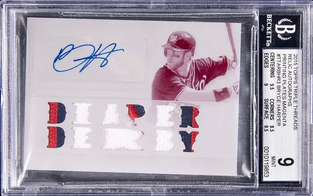 2015 Topps Triple Threads Bryce Harper Relic Autographs Magenta Printing Plate #TTAR-BHR3 card image