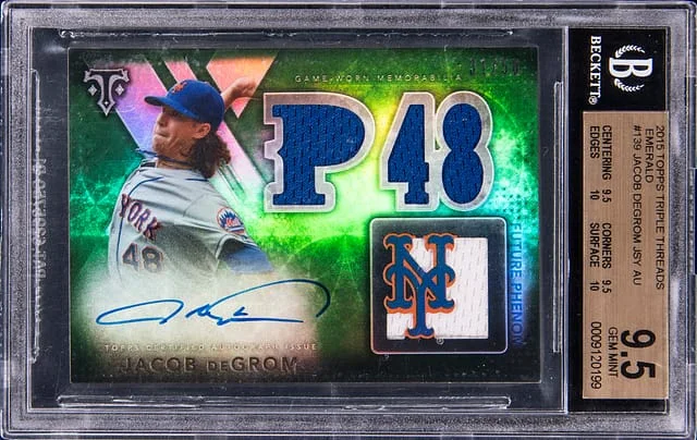 2015 Topps Triple Threads Jacob DeGrom Jersey Autograph Emerald #139 card image