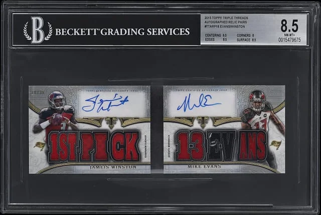 2015 Topps Triple Threads Jameis Winston/Mike Evans Autograph Relic Pairs #TTARP-18 card image