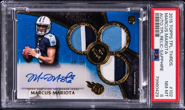 2015 Topps Triple Threads Marcus Mariota Autograph Triple Relics Sapphire #102 card image