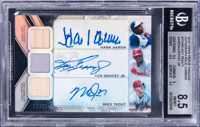 2015 Topps Triple Threads Mike Trout/Hank Aaron/Ken Griffey Jr. Multi-Signed Autograph Relic Combos #TTARCAGT card image