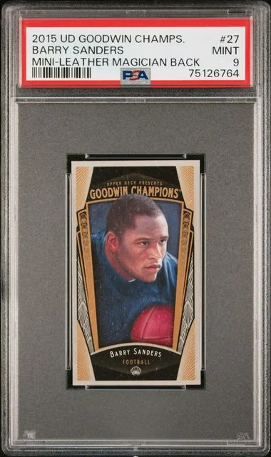2015 Upper Deck Goodwin Champions Barry Sanders Mini-Leather Magician Back #27 card image