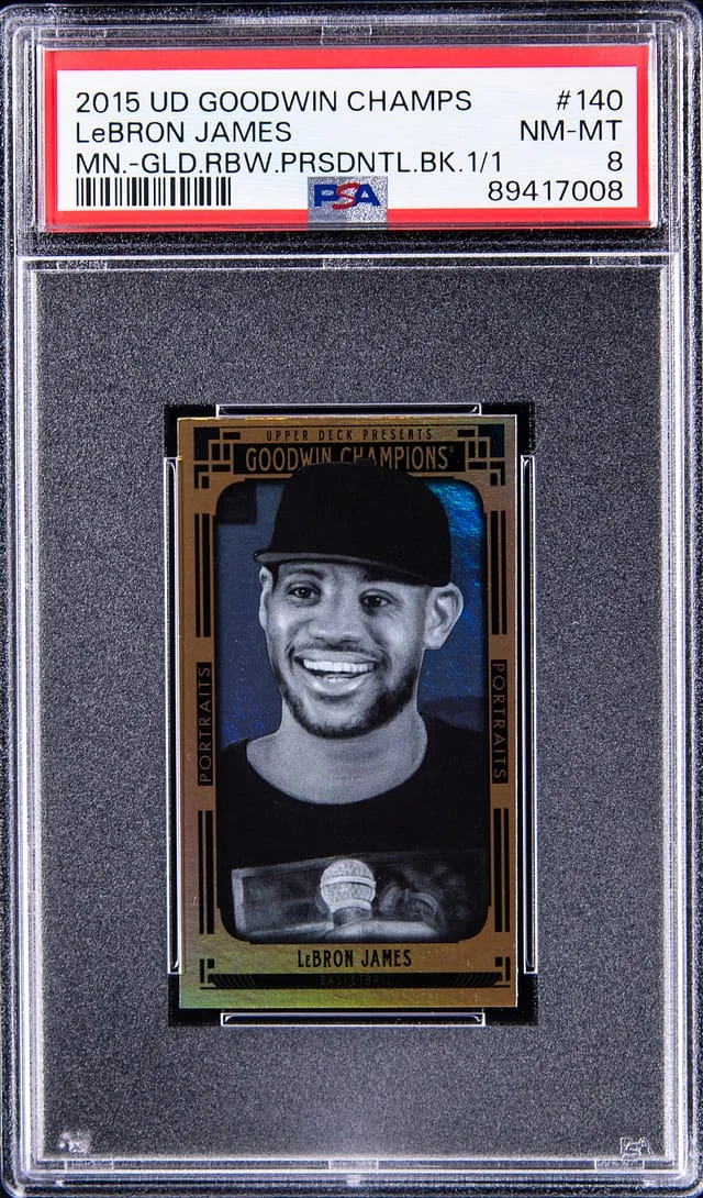 2015 Upper Deck Goodwin Champions LeBron James Mini Gold Rainbow Presidential Back #140 card image