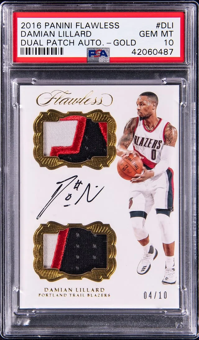 2016-17 Panini Flawless Damian Lillard Dual Patch Autographs Gold #DPA-DLI card image