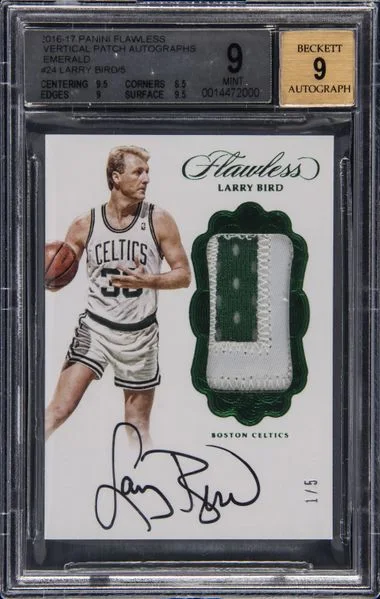 2016-17 Panini Flawless Larry Bird Vertical Patch Autographs Emerald #V-LB card image