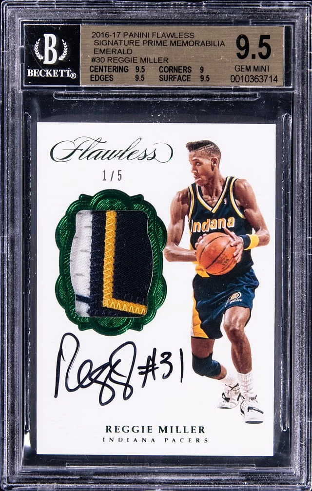 2016-17 Panini Flawless Reggie Miller Signature Prime Memorabilia Emerald #SP-RM card image