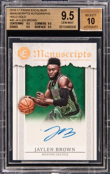 2016-17 Panini Jaylen Brown Excalibur Manuscripts Autographs Holo Gold #40 card image