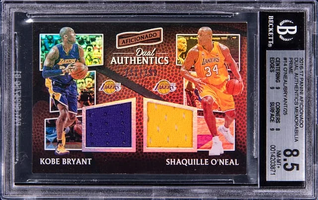 2016-17 Panini Kobe Bryant/Shaquille O'Neal Dual-Jersey Aficionado Dual Authentic Memorabilia Prime #14 card image