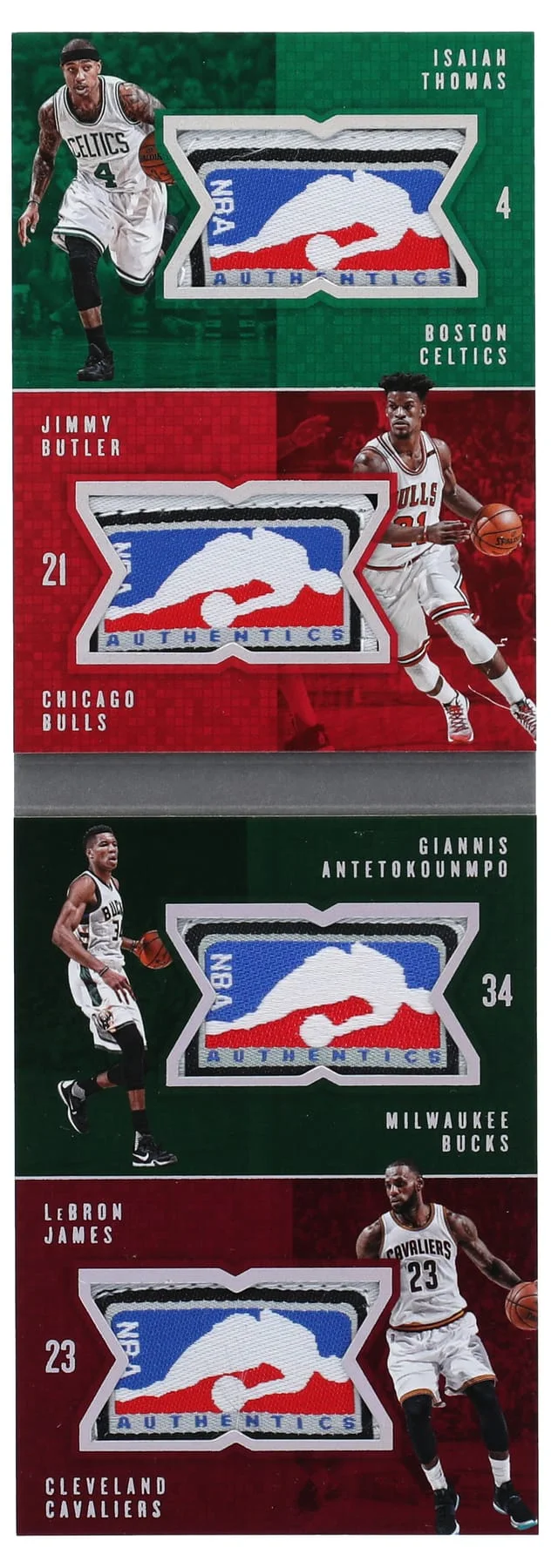 2016-17 Panini LeBron James/Giannis Antetokounmpo/Jimmy Butler/Isaiah Thomas NBA Logoman Preferred Quads Memorabilia #8 card image