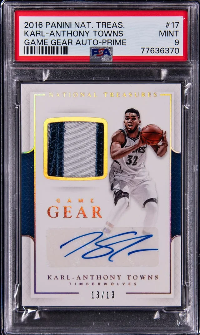 2016-17 Panini National Treasures Karl-Anthony Towns Game Gear Autograph Prime #17 card image