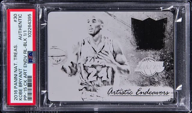 2016-17 Panini National Treasures Kobe Bryant 2015 Court Kings Artistic Endeavors Relic Black Printing Plate #30 card image