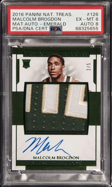 2016-17 Panini National Treasures Malcolm Brogdon Material Autograph Emerald #126 card image