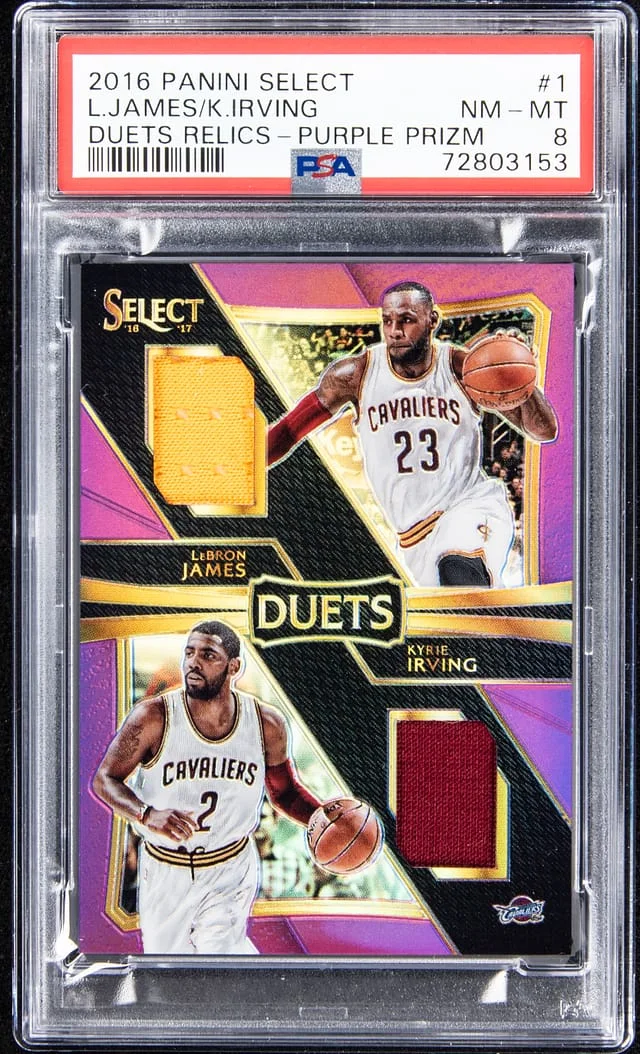 2016-17 Panini Select LeBron James/Kyrie Irving Duets Relics Purple Prizm #1 card image