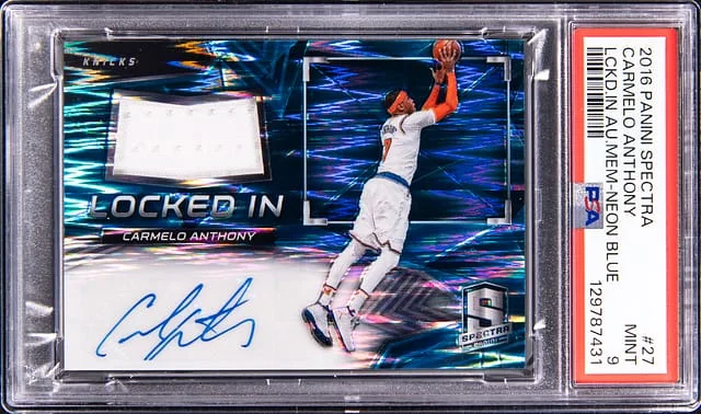 2016-17 Panini Spectra Carmelo Anthony Locked In Autograph Memorabilia Neon Blue #27 card image