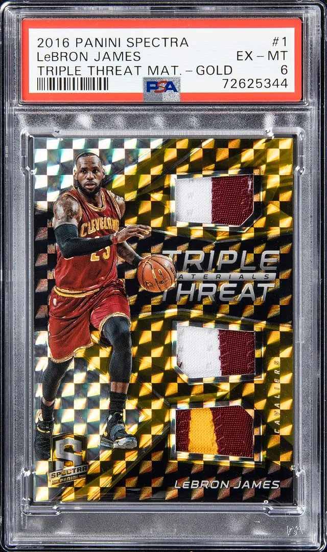 2016-17 Panini Spectra LeBron James Triple Threat Materials Gold #1 card image