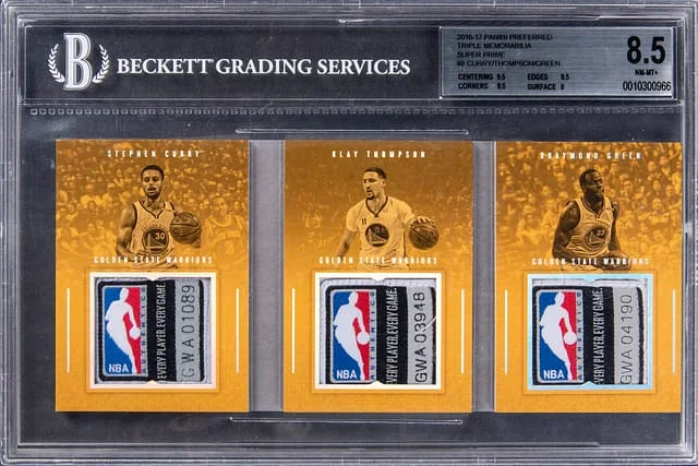 2016-17 Panini Stephen Curry/Klay Thompson/Draymond Green Logoman Preferred Triple Memorabilia Super Prime #8 card image