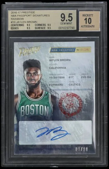 2016-17 Prestige Jaylen Brown NBA Passport Signatures Rainbow #10 card image