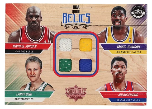 2016-17 Upper Deck Michael Jordan/Larry Bird/Magic Johnson/Julius Erving Game-Used Court, Supreme Hard Court NBA Quad Relics #4R-JEJB card image