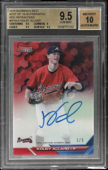 2016 Bowman Best Kolby Allard of '16 Autographs Red Refractors #B16-KA card image