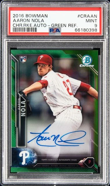 2016 Bowman Chrome Aaron Nola Autographs Green Refractor #CRA-AN card image