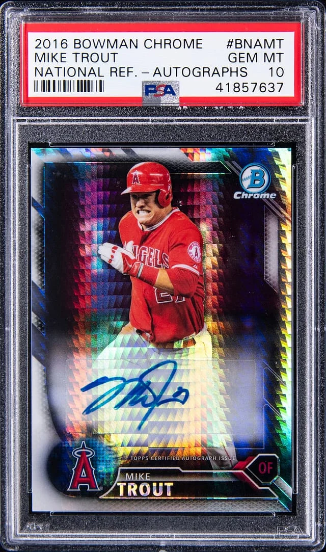 2016 Bowman Chrome Mike Trout National Refractor Autograph #BNAMT card image