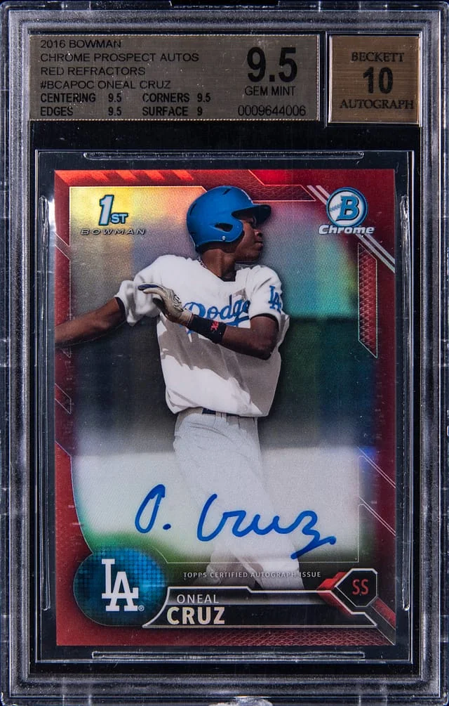 2016 Bowman Chrome Oneil Cruz Prospect Autographs Red Refractor #BCAP-OC card image