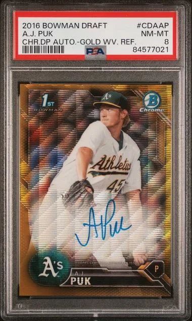 2016 Bowman Draft A.J. Puk Chrome Draft Picks Autographs Gold Wave Refractor #CDAAP card image