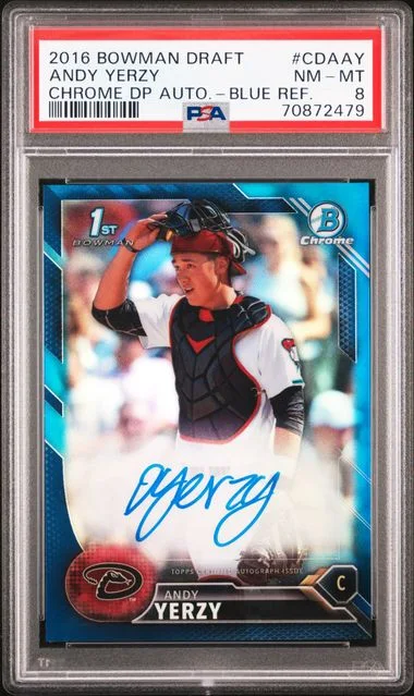 2016 Bowman Draft Andy Yerzy Chrome Draft Picks Autographs Blue Refractor #CdA-AY card image