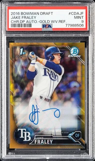 2016 Bowman Draft Jake Fraley Chrome Draft Picks Autographs Gold Wave Refractor #CDAJF card image