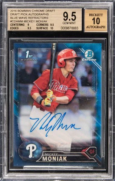 2016 Bowman Draft Mickey Moniak Chrome Draft Picks Autographs Blue Wave Refractor #CDA-MM card image