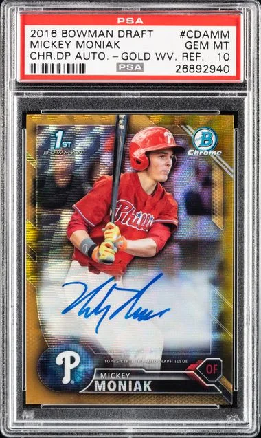 2016 Bowman Draft Mickey Moniak Chrome Draft Picks Autographs Gold Wave Refractor #CDAMM card image