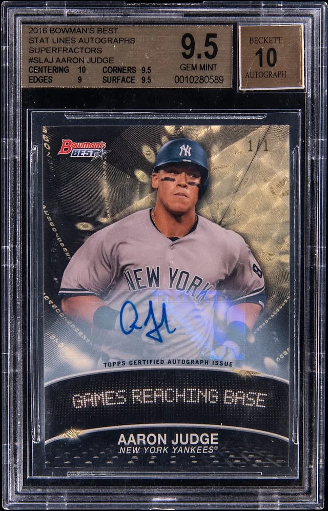 2016 Bowman's Best Aaron Judge Stat Line Autographs SuperFractor #Sl-AJ card image