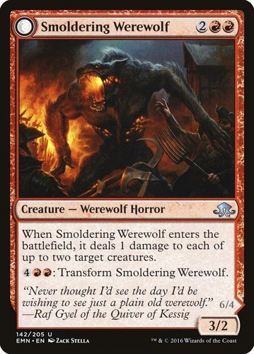 2016 Eldritch Moon Smoldering Werewolf // Erupting Dreadwolf uncommon #142 unlisted card image