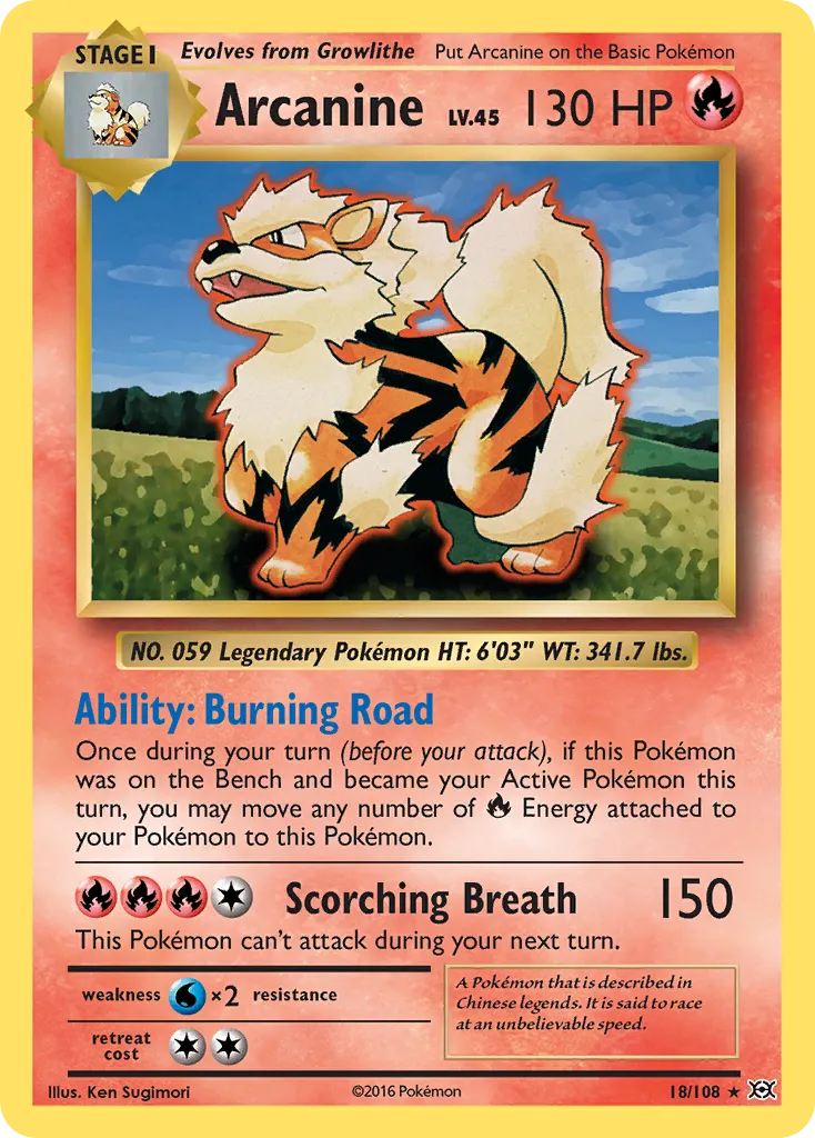2016 Evolutions Arcanine Rare #018/108 Rare card image