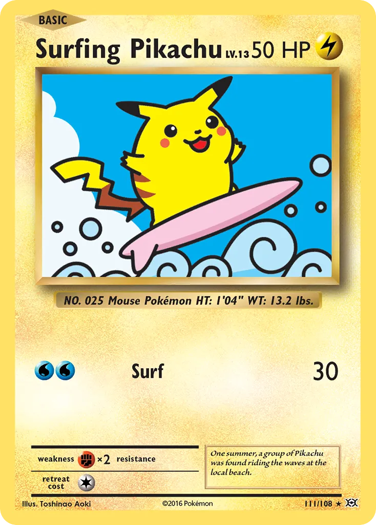 2016 Evolutions Surfing Pikachu #111/108 Rare Secret card image