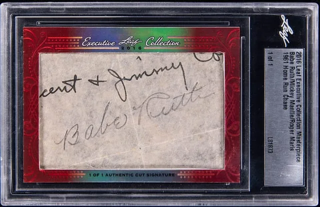 2016 Leaf Home Run Chase Babe Ruth/Mickey Mantle/Roger Maris Multi-Signed Card - Leaf Encapsulated Executive Collection Masterpiece #1961 card image