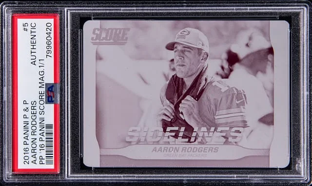 2016 Panini Aaron Rodgers Plates & Patches Panini Score Magenta Printing Plate #5 card image