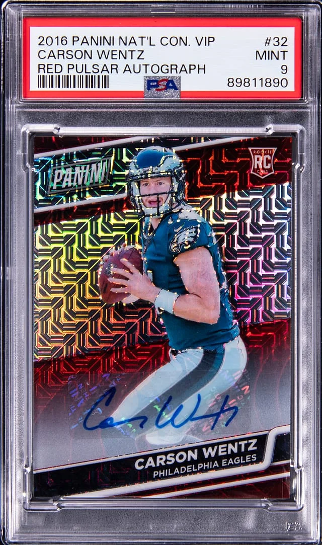 2016 Panini Carson Wentz National Convention VIP Red Pulsar Autograph #32 card image