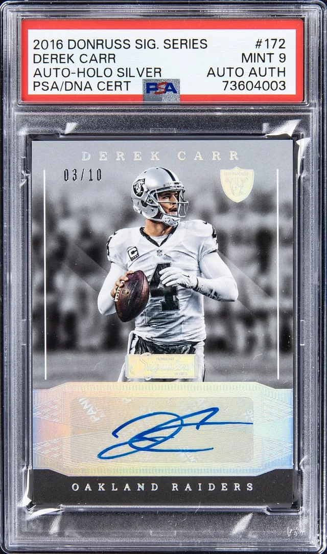 2016 Panini Donruss Derek Carr Signature Series Autographs Holo SIlver #172 card image