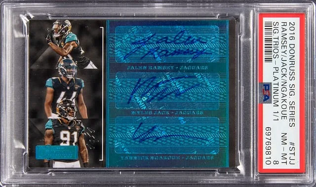 2016 Panini Donruss Jalen Ramsey/Myles Jack/Yannick Ngakoue Multi-Signed Signature Series Signature Trios Platinum #ST-JJ card image