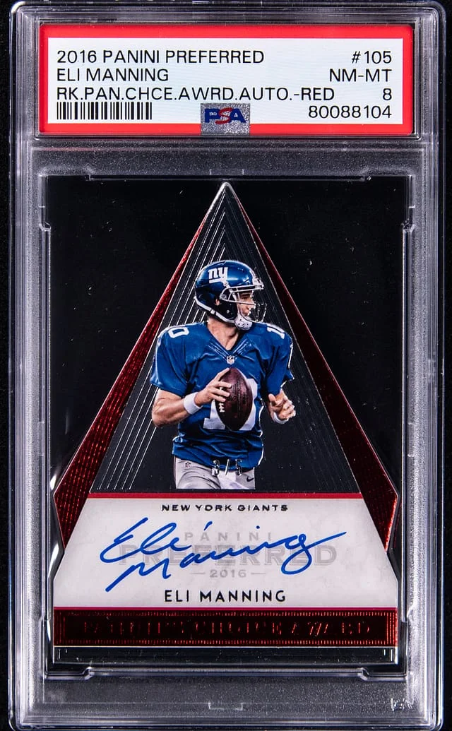 2016 Panini Eli Manning Preferred Panini Choice Award Autograph Red #105 card image