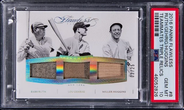 2016 Panini Flawless Babe Ruth/Lou Gehrig/Miller Huggins Multi-Relic Teammates Triple Relics #8 card image