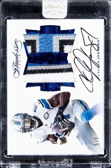 2016 Panini Flawless Calvin Johnson Dual Patch Autographs Sapphire #DUCJ card image