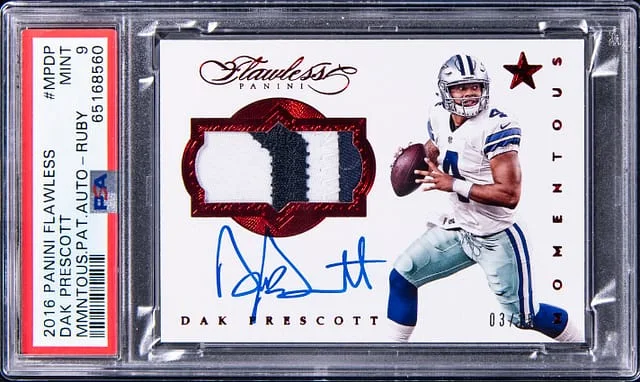 2016 Panini Flawless Dak Prescott Momentous Patch Autograph Ruby #MPDP card image