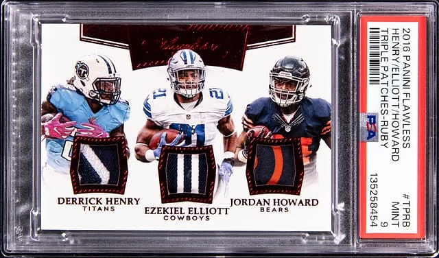 2016 Panini Flawless Derrick Henry/Ezekiel Elliott/Jordan Howard Triple Patches Ruby #TPRB card image