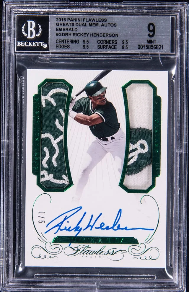 2016 Panini Flawless Rickey Henderson Greats Dual Memorabilia Autographs Emerald #GD-RH card image