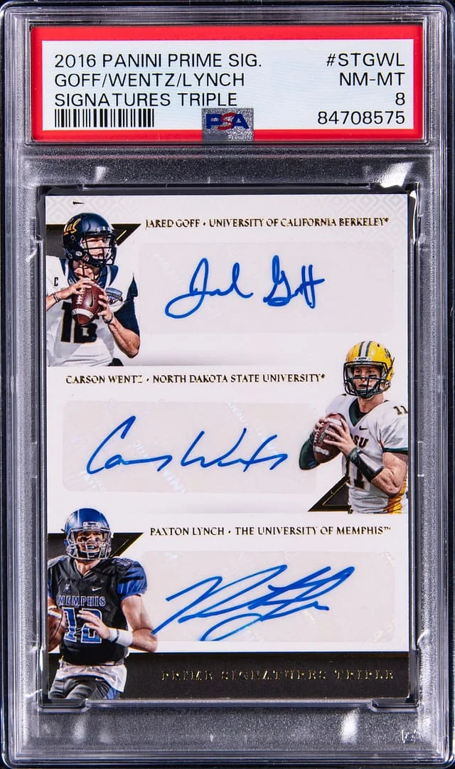 2016 Panini Goff/Wentz/Lynch Multi-Signed Prime Signatures Triple #STGWL card image